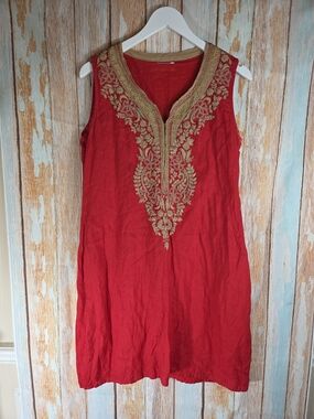Linen & More Red Sleeveless Kurta/Tunic with Gold Embroidered V-Neck. Size L
